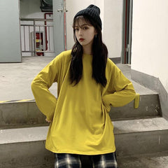 Camiseta informal de manga larga holgada de color liso