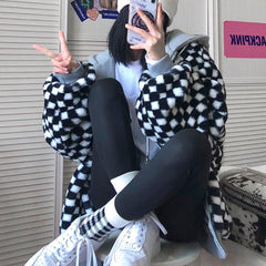 Chaqueta con capucha y cremallera, suave y esponjosa, con diseño a cuadros