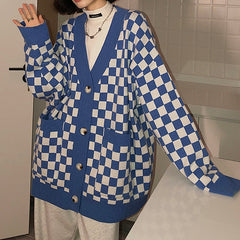 Cárdigan extragrande de punto con cuello en V y cuadros escoceses