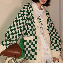 Cárdigan extragrande de punto con cuello en V y cuadros escoceses