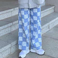 Karierte, verwaschene, hoch taillierte, blaue, lockere Jeans