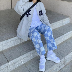 Karierte, verwaschene, hoch taillierte, blaue, lockere Jeans