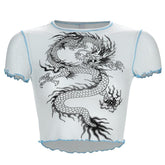 Transparentes weißes Crop-Top aus Netzstoff im 90er-Jahre-Stil mit chinesischem Drachen-Print