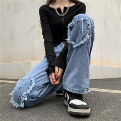 Farbspritzer Herz Knie Fransen Lose blaue Jeanshose