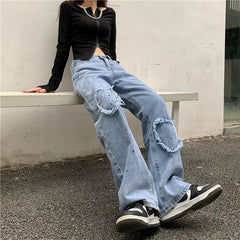 Farbspritzer Herz Knie Fransen Lose blaue Jeanshose