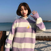 Color Stripes Knit High Neck Moon Embroidery Sweater
