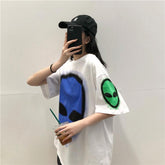 Colorful Alien Face Print Rave Loose White T-Shirt