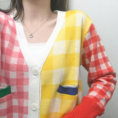 Cárdigan de punto con cuello en V y cuadros arcoíris de colores