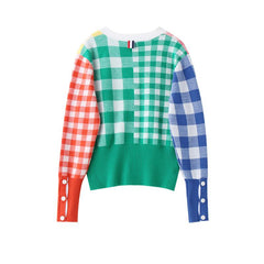 Cárdigan de punto con cuello en V y cuadros arcoíris de colores