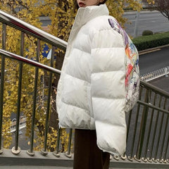 Colorful Child Art Drawing Print Puff Loose White Jacket