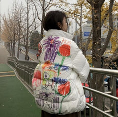 Colorful Child Art Drawing Print Puff Loose White Jacket