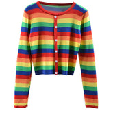 Colorful Rainbow Striped Faux Cardigan Cropped Shirt