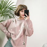 Colorful Small Flowers Front Embroideries Knit Cozy Sweater