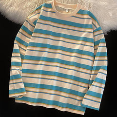 Camiseta holgada de manga larga con rayas de colores de moda coreana