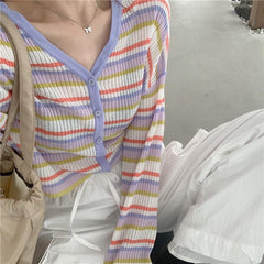 Cárdigan de canalé con cuello en V y rayas de colores de moda coreana