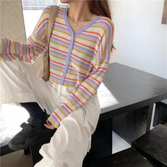 Cárdigan de canalé con cuello en V y rayas de colores de moda coreana
