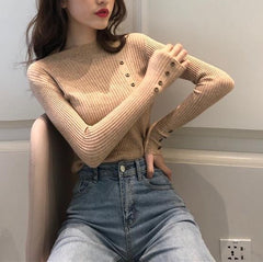 Colorful With Tiny Buttons Retro Ribbed Slim Jumper