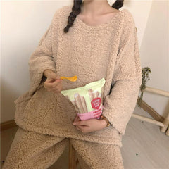 Comfy Solid Colors Sweatshirt + Pants Loose Pajama Set