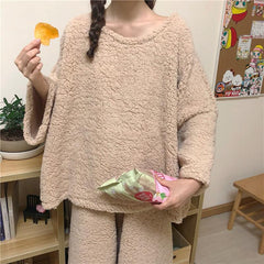 Comfy Solid Colors Sweatshirt + Pants Loose Pajama Set