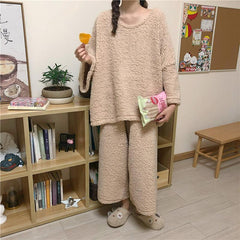 Comfy Solid Colors Sweatshirt + Pants Loose Pajama Set