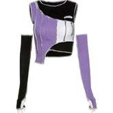 Top corto acanalado con diseño de bloques de colores en contraste y mangas