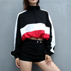Contrast Color Spliced Drawstring Hem Loose Crop Sweatshirt