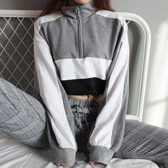 Contrast Color Spliced Drawstring Hem Loose Crop Sweatshirt
