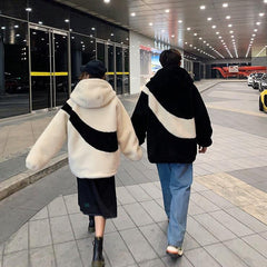 Contrast Colors Plush Faux Fur Hooded Loose Coat Jacket