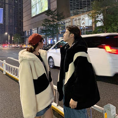 Contrast Colors Plush Faux Fur Hooded Loose Coat Jacket