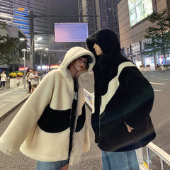 Contrast Colors Plush Faux Fur Hooded Loose Coat Jacket