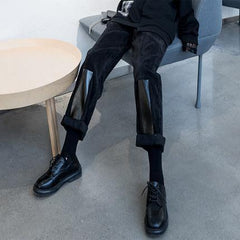 Pantalones anchos de pana con cintura alta y parche de cuero