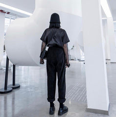 Pantalones anchos de pana con cintura alta y parche de cuero