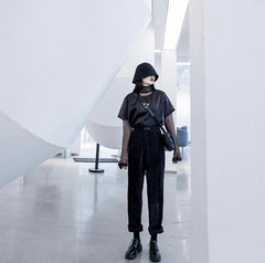 Pantalones anchos de pana con cintura alta y parche de cuero