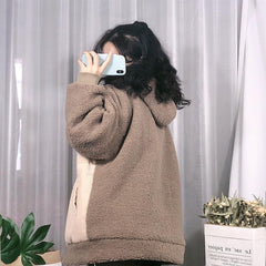Corduroy Plush Sleeves Winter Hooded Oversized Jacket