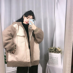 Corduroy Plush Sleeves Winter Hooded Oversized Jacket