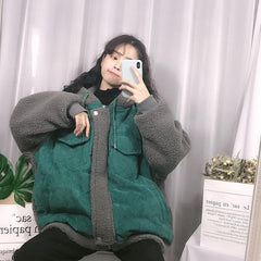 Corduroy Plush Sleeves Winter Hooded Oversized Jacket