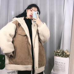 Corduroy Plush Sleeves Winter Hooded Oversized Jacket