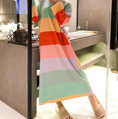 Colorful Stripes O-Neck Long Sleeve Oversized Long Pajama
