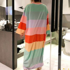 Colorful Stripes O-Neck Long Sleeve Oversized Long Pajama