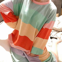 Colorful Stripes O-Neck Long Sleeve Oversized Long Pajama