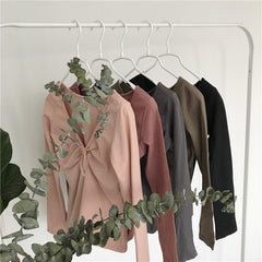 Cotton Slim Long Sleeve V Neck Bust Bow Flat Knit Blouse