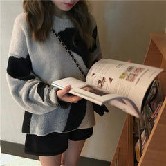 Suéter de algodón de cuello redondo extragrande con estampado de vaca