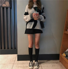 Suéter de algodón de cuello redondo extragrande con estampado de vaca