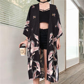 Cranes Print Long Japanese Aesthetic Black Kimono Coat