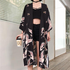 Cranes Print Long Japanese Aesthetic Black Kimono Coat