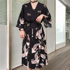 Cranes Print Long Japanese Aesthetic Black Kimono Coat