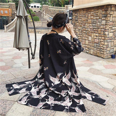 Cranes Print Long Japanese Aesthetic Black Kimono Coat