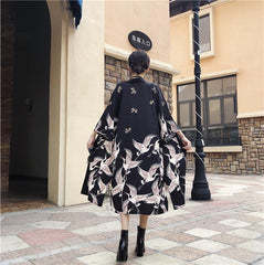 Cranes Print Long Japanese Aesthetic Black Kimono Coat