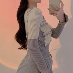 Creamy White Black Assymetric Frilled Retro Ribbed Shirt