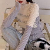 Creamy White Black Assymetric Frilled Retro Ribbed Shirt